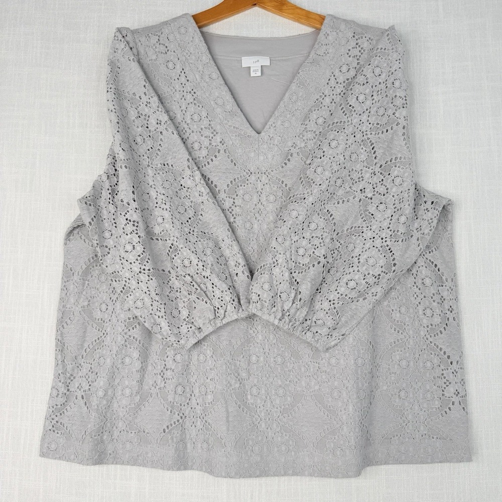 J Jill Gray Lace Top Lined Stretchy 3/4 Sleeve Blouse Cotton Size XL